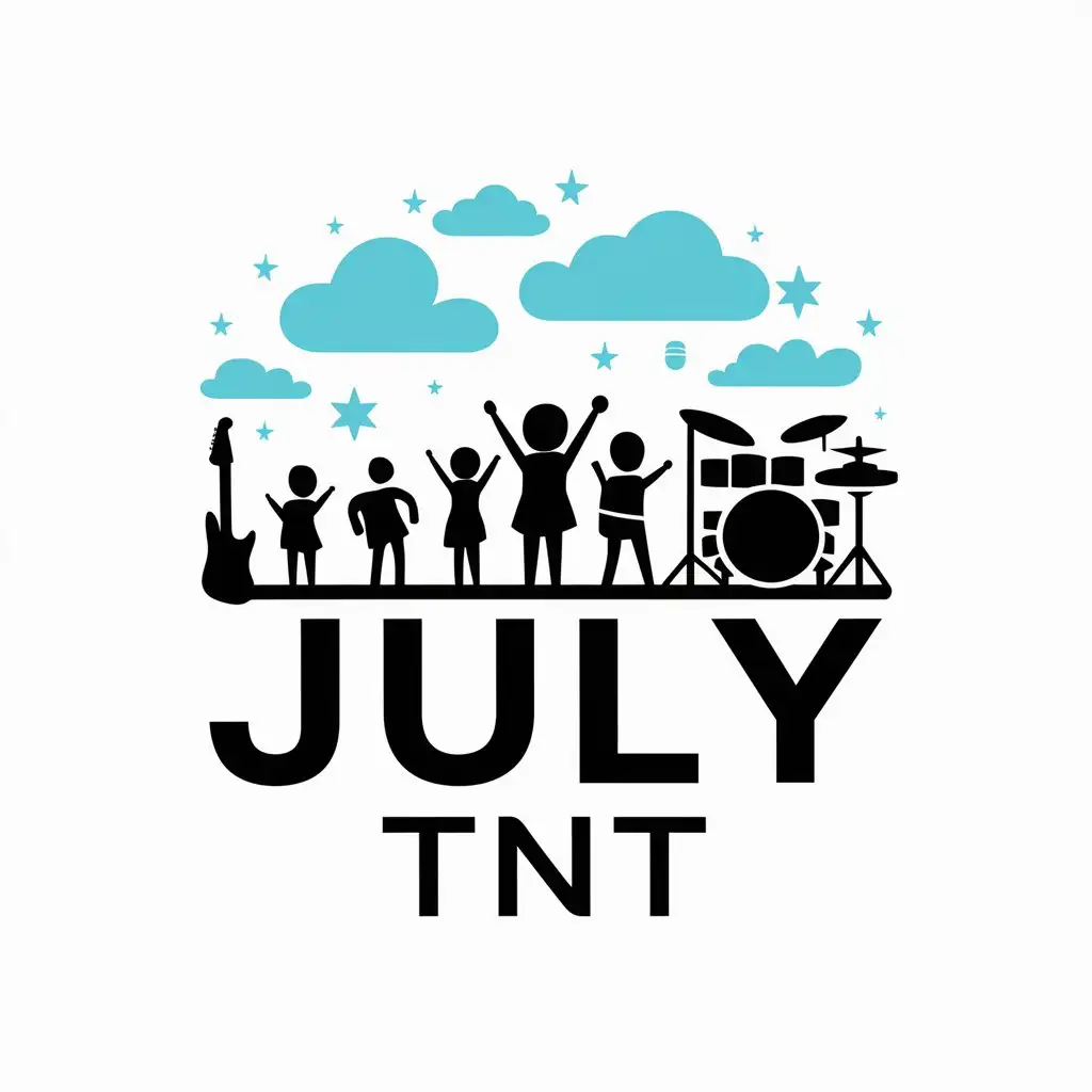 a vector logo design,with the text "July TNT", main symbol:Skies, children, guitar, drum set, microphone,Minimalistic,be used in Entertainment industry,clear background