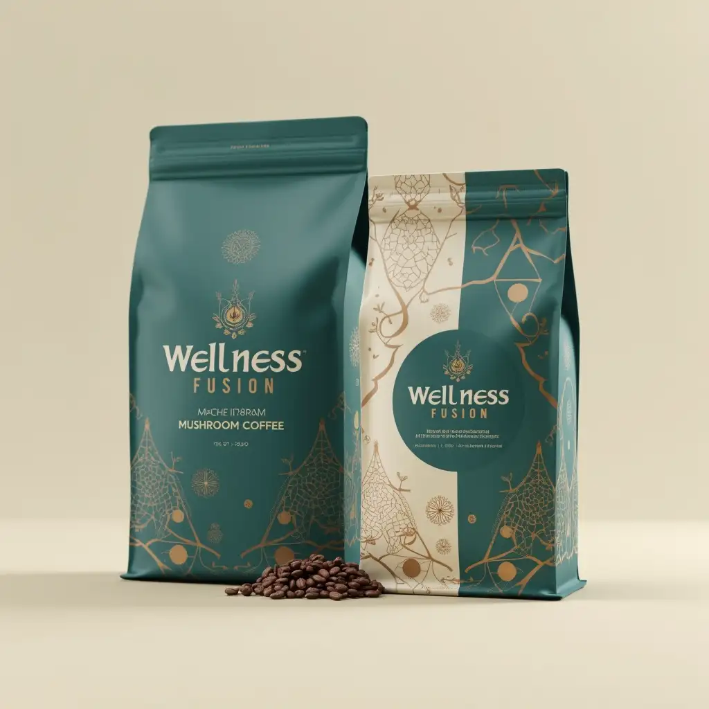 Create a high-quality, detailed packaging design for a halal adaptogenic mushroom coffee brand. Design should feature:nColor Scheme:nPrimary color: Deep teal (#008080)nAccent color: Gold (#D4AF37)nSecondary color: Soft cream (#F4E1D2)nnKey Design Elements:nMinimalist, premium packagingnArabic-inspired geometric patternsnBrand name: 'Wellness Fusion'nSubtitle: 'Adaptogenic Mushroom Coffee'nHalal certification logonSymbolic illustrations of coffee beans and medicinal mushroomsnClean typographynElegant, cultural-respectful aestheticnnPackaging Style:nVertical rectangular formatnMatte finishnKraft paper texturenSophisticated, health-focused designnnDesign must communicate: premium quality, health benefits, cultural authenticity, and halal compliance.