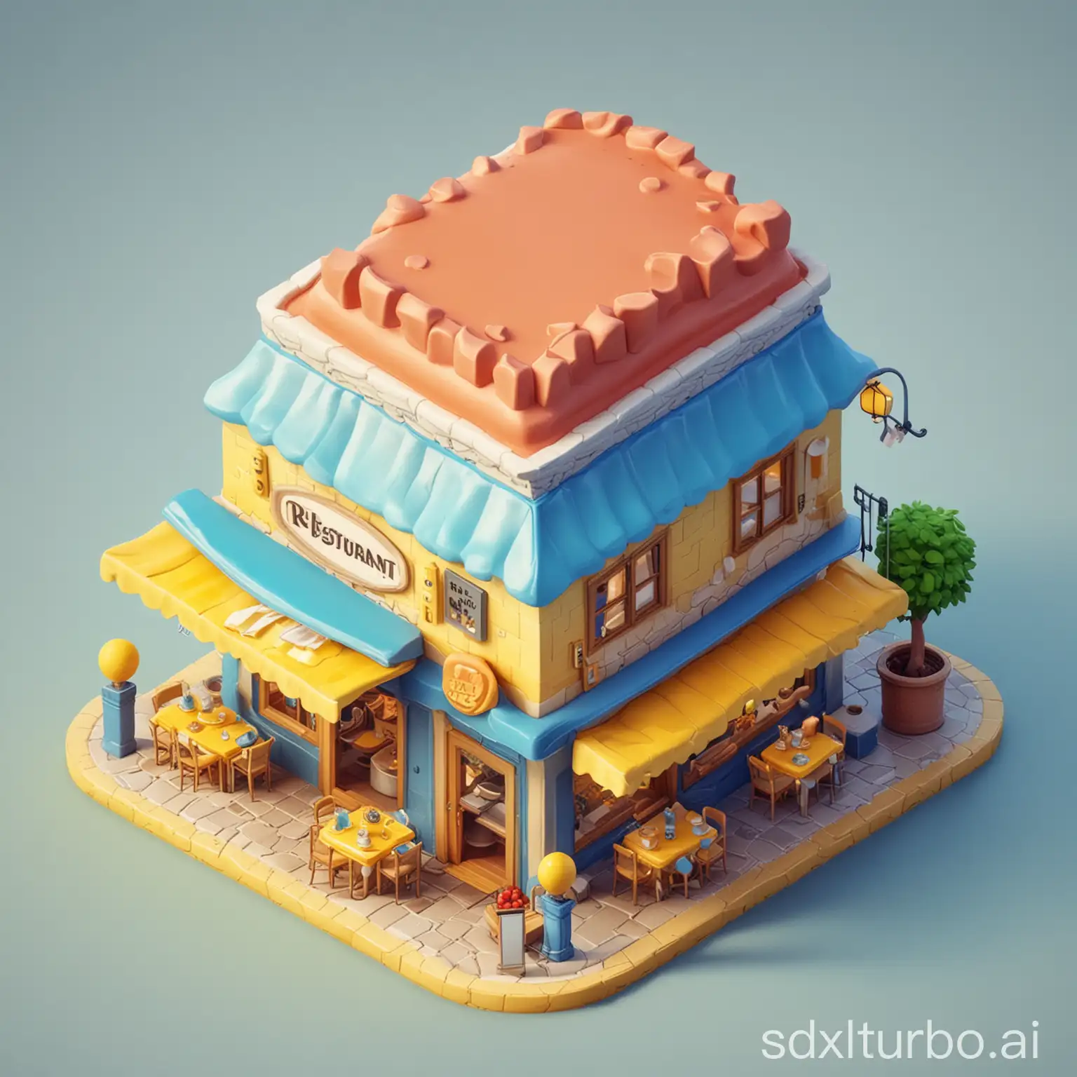 Cartoon-3D-Restaurant-Icon-in-Cute-Clay-Style-on-Blue-and-Yellow-Gradient-Background
