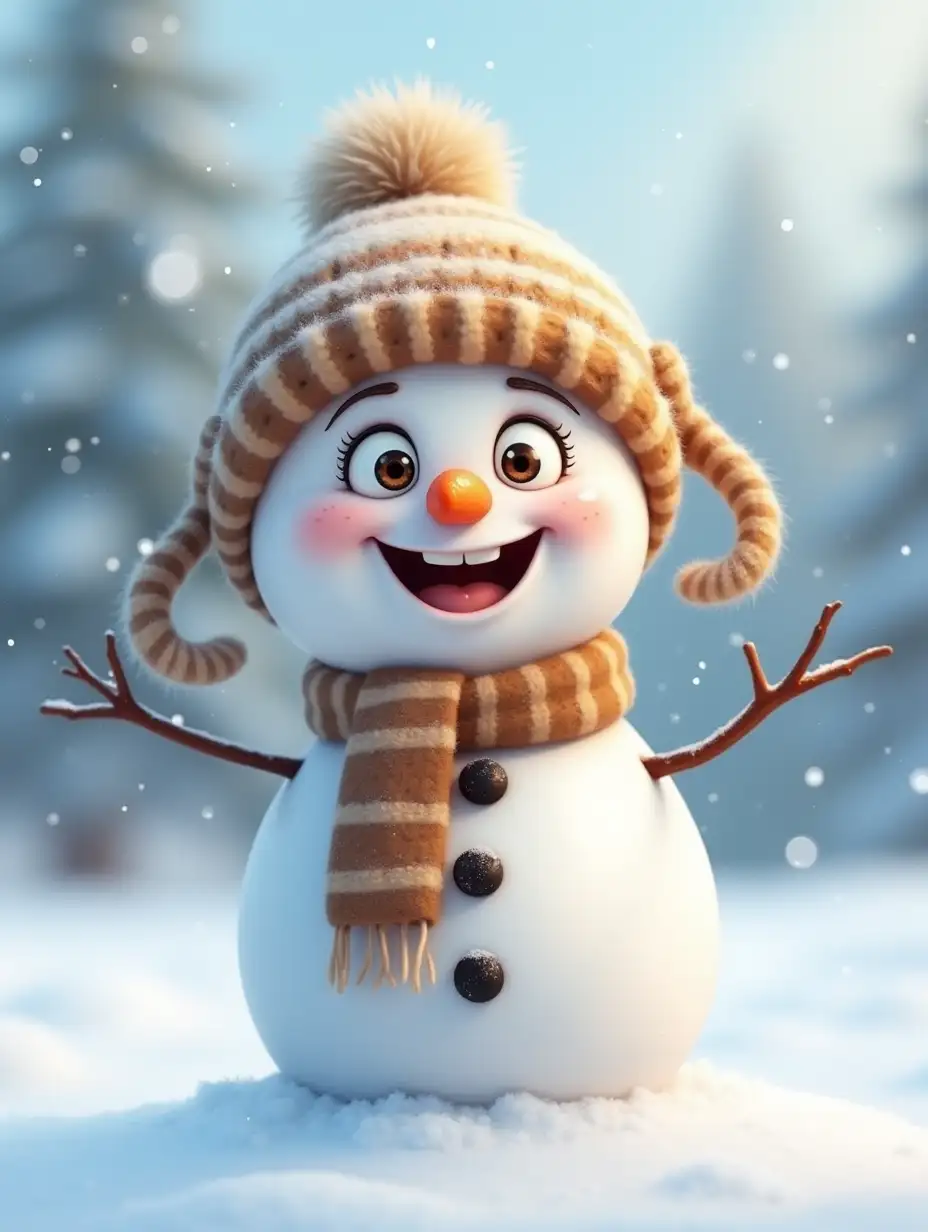 A cute and funny full-size cartoon snowman character with a big round head and big round funny puffy eyes. The snowman has a small crooked carrot nose and a wide silly grin showing one or two teeth. He is wearing a cozy winter hat with a fluffy pompom on top and two pigtails sticking out haphazardly in different directions. The snowman is also wearing a warm striped scarf. The background is a snowy scene, and the general mood is playful and light-hearted, with an emphasis on a cute and humorous facial expression. airbrushing