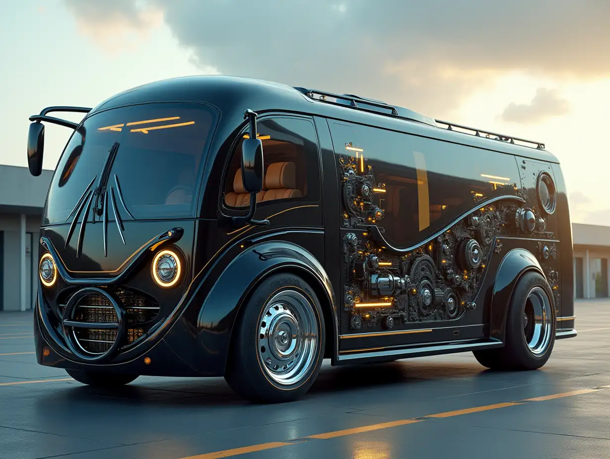 Supermodern utopian sports bus with gears, lowered body, 18-inch rims, aluminum wheels, creme silver black leather steering wheel, Cyberpunk.