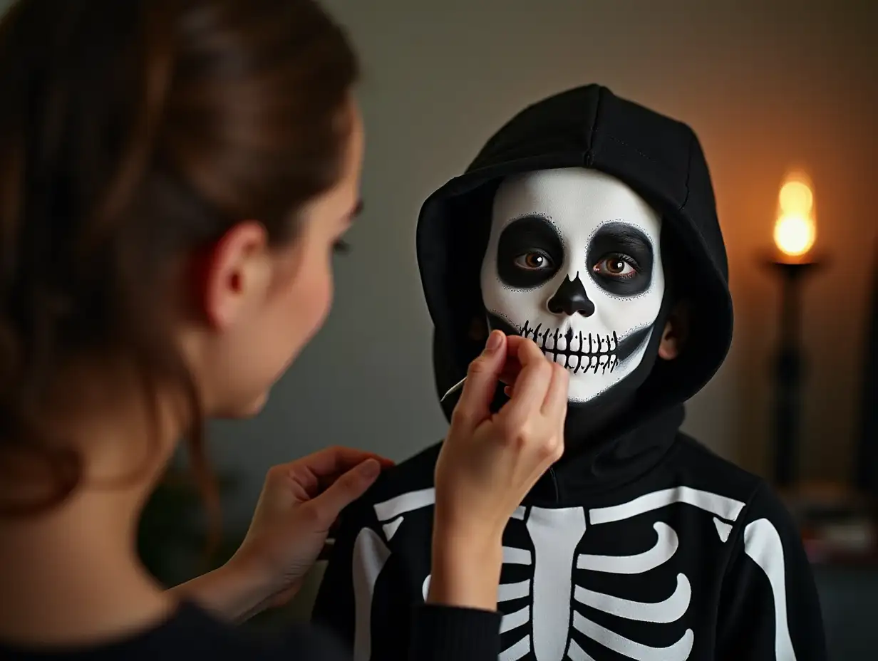 Spooky-Halloween-Transformation-Skeleton-Makeup-Session-with-Mother-and-Son