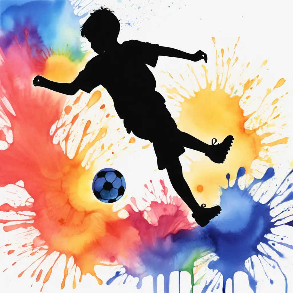 Dynamic Soccer Play Boys Silhouette Kicking Ball Against a Watercolor Sky