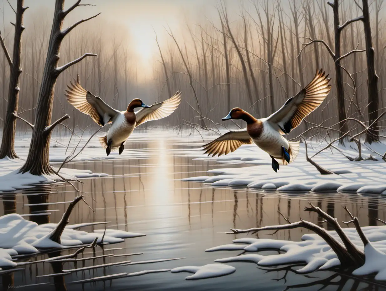 Canvasback Ducks Descending in Winter Wetlands