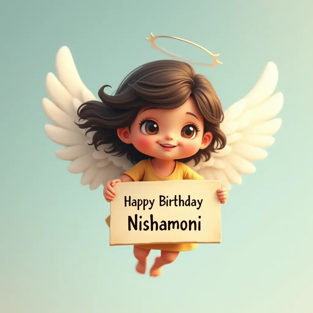 A little angel holding a sign that says 'Happy Birthday Nishamoni'. She is flying.