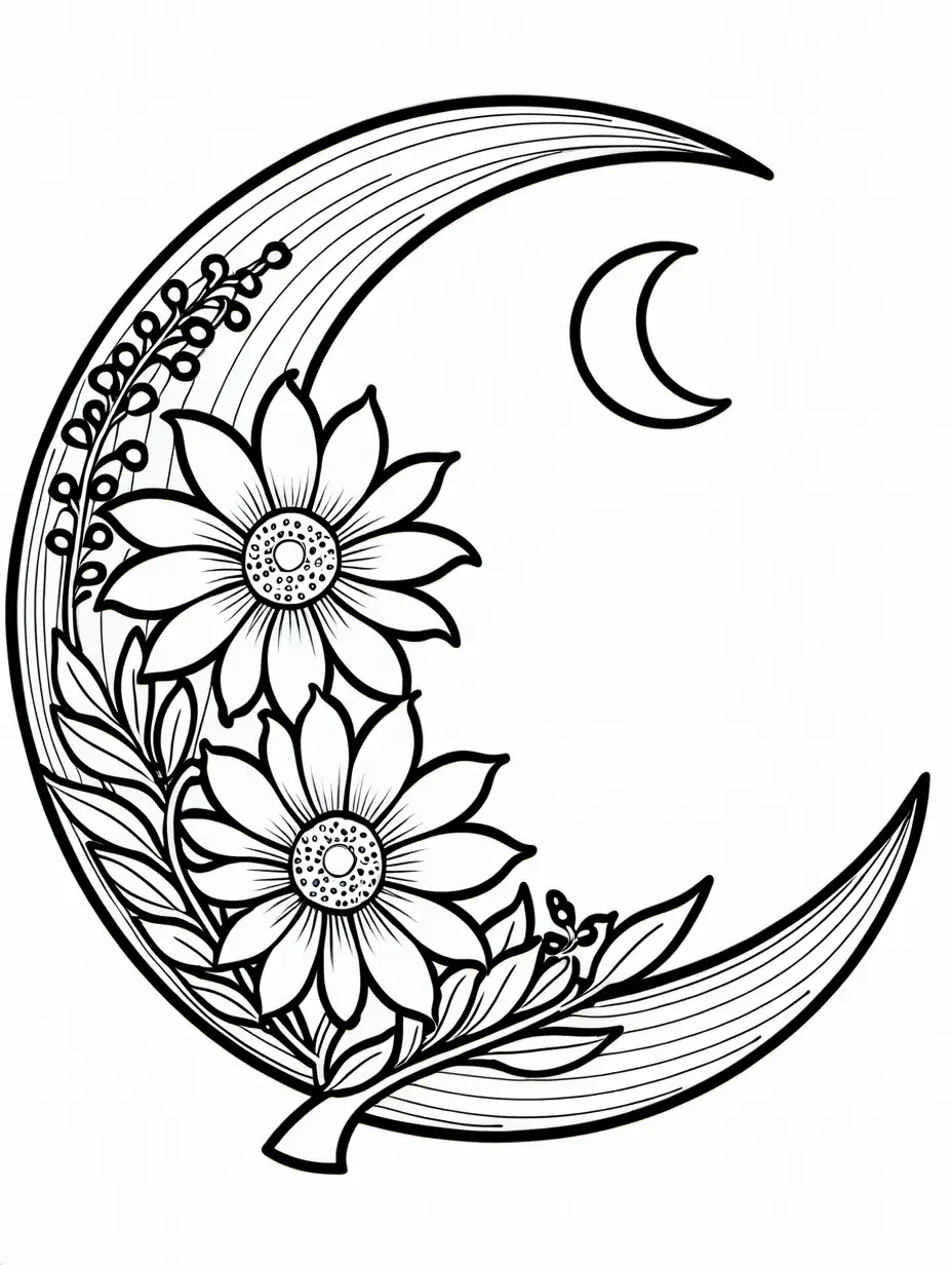 Quarter-Moon-with-Three-Flowers-Coloring-Page