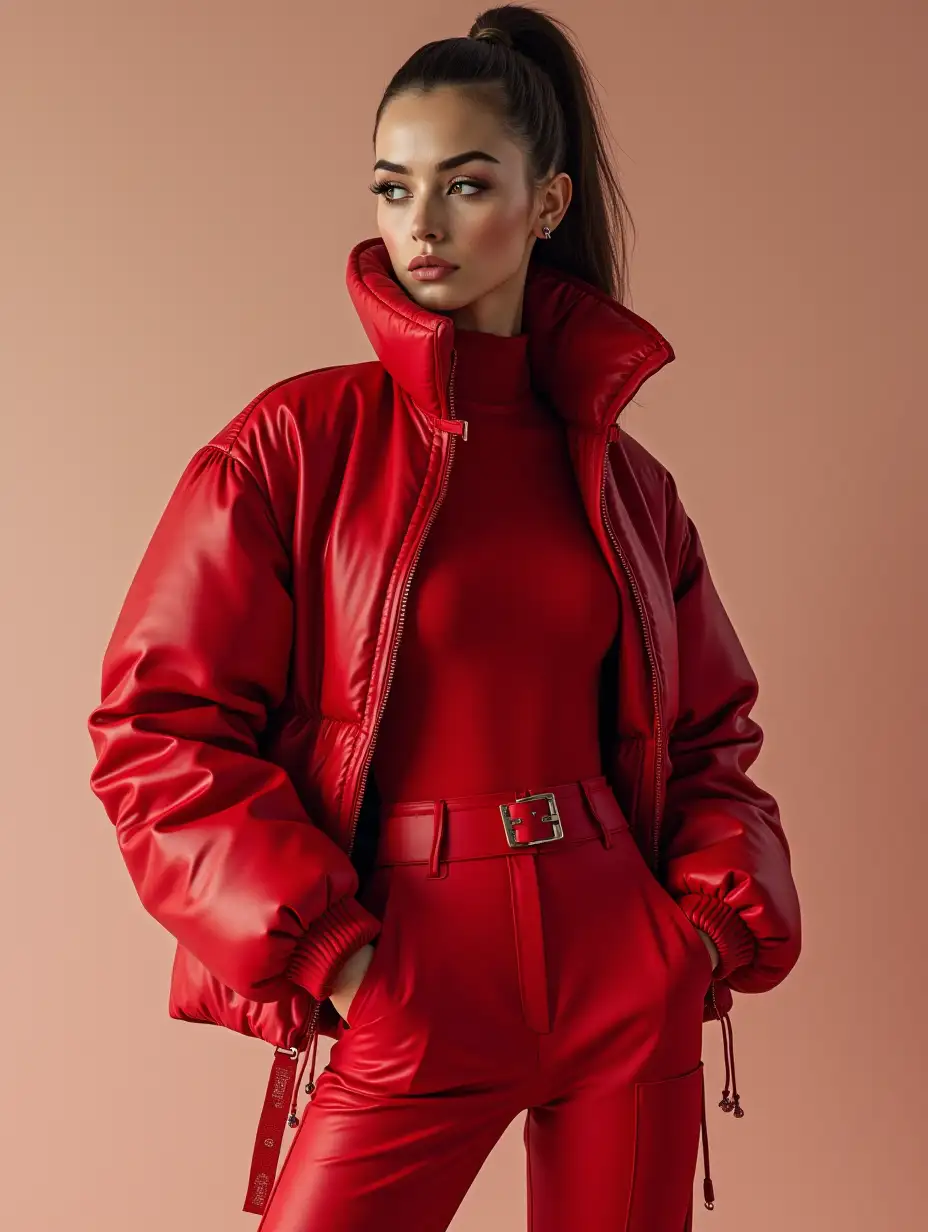 Generate an image of a Model.She is wearing a Red Futuristic Jacket Outfit,full body ponytail ultra detailed, photo realistic style and posing like Photoshoot.