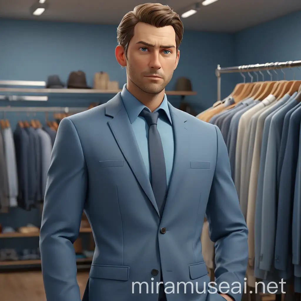 Businessman in Suit Choosing Blue Shirt in Clothing Store