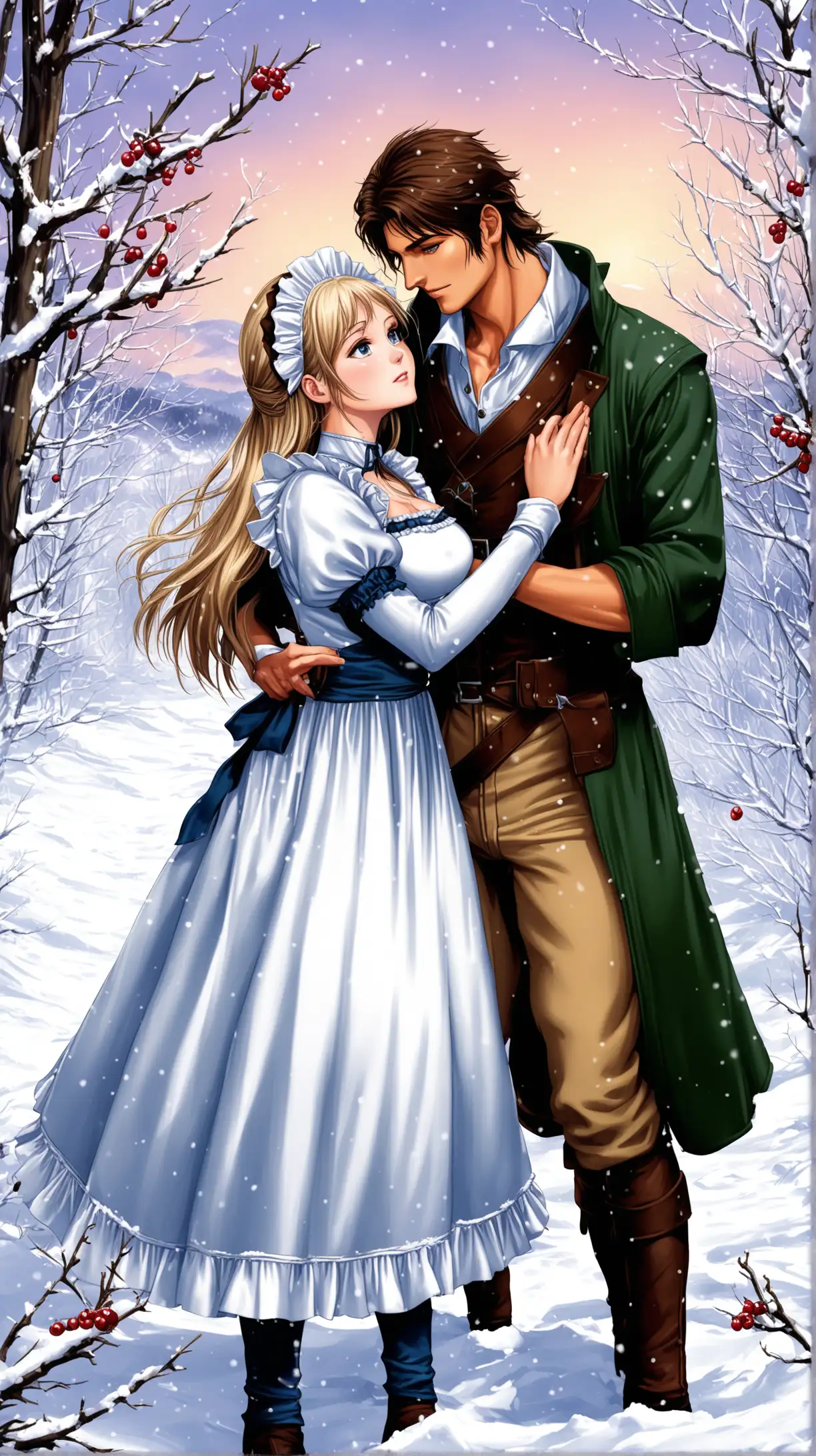 Romance novel cover where a northern hunter and a fragile maid are picking berries in the snow