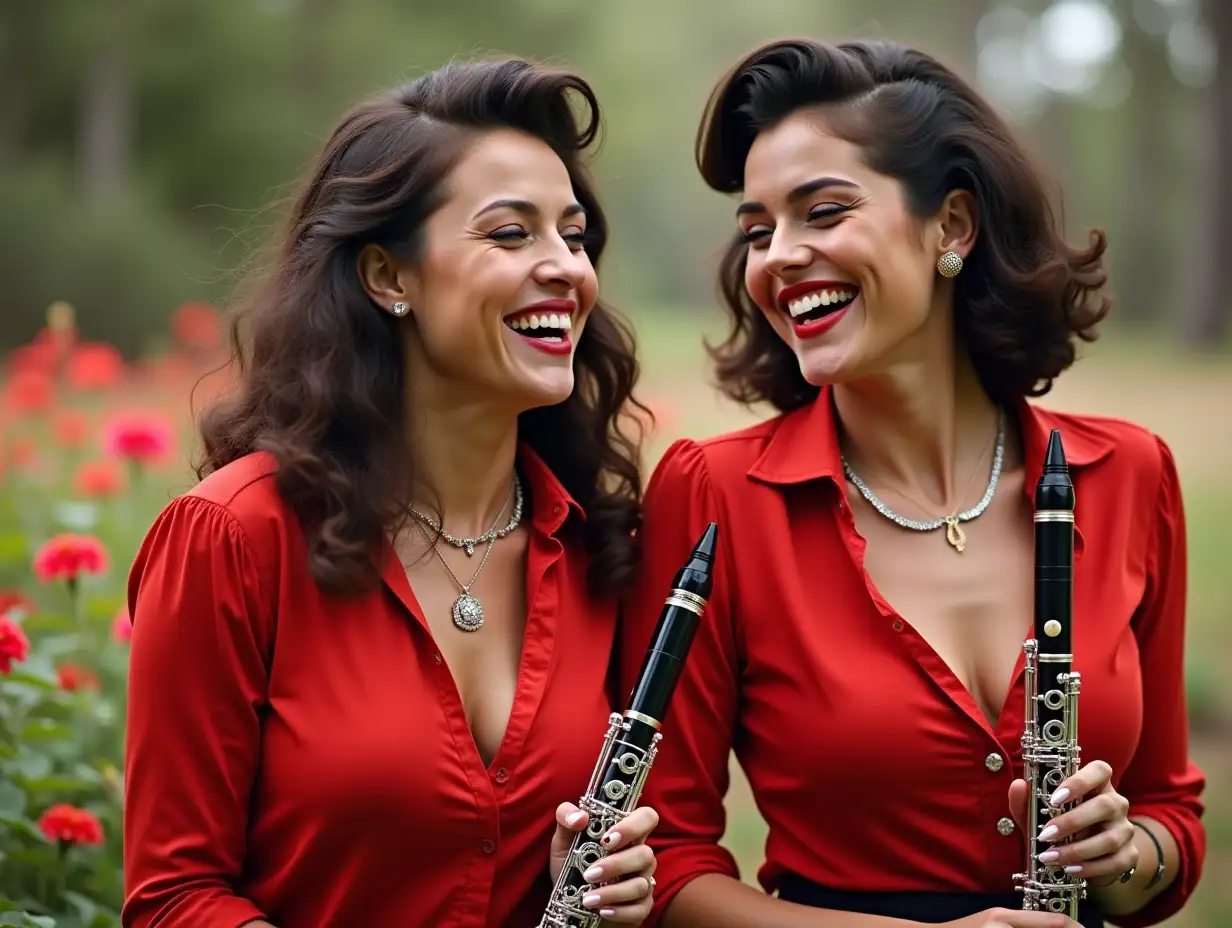 Two white, plump pin-up girls wear a red, deep neckline blouse, laugh with open mouth, red lipstick emphasizes their smile, jewelry, brown skin, clarinet in hand, in a park with many flowers in Australia