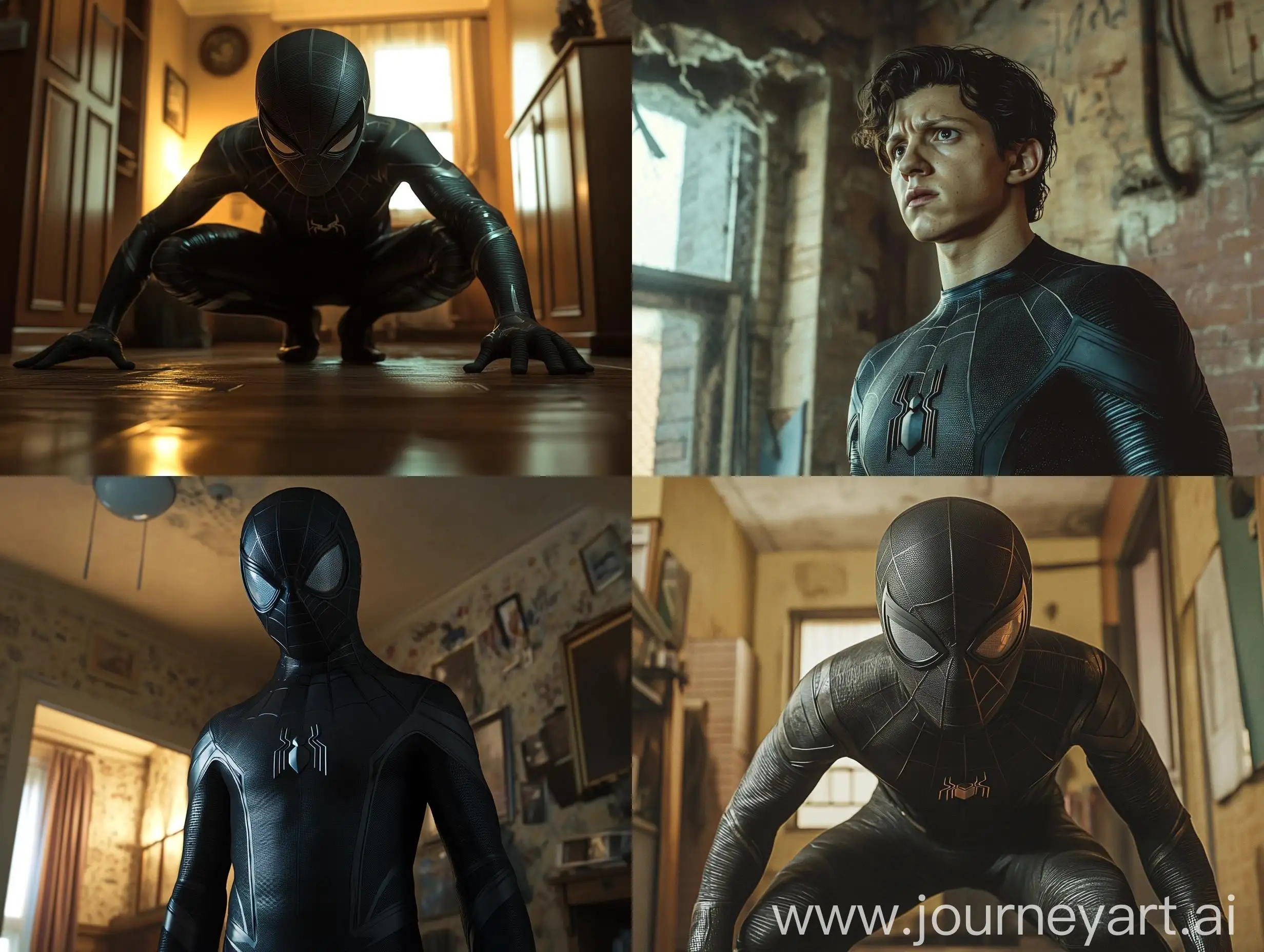 Tom-Holland-in-Black-SpiderMan-Suit-in-Tense-Apartment-Setting