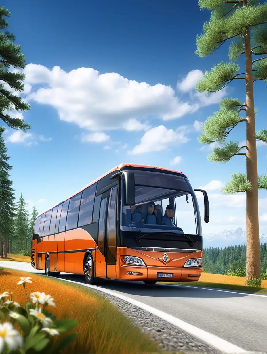 Luxury Orange Bus Driving Offroad with Modern Design and Natural Surroundings