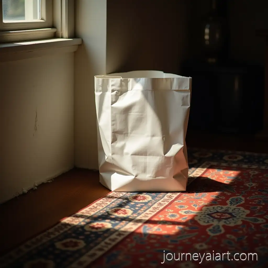 White-paper-bag-sceneWhite-Paper-Bag-on-Persian-Rug-with-Soft-Sunlight-and-Warm-Atmosphere