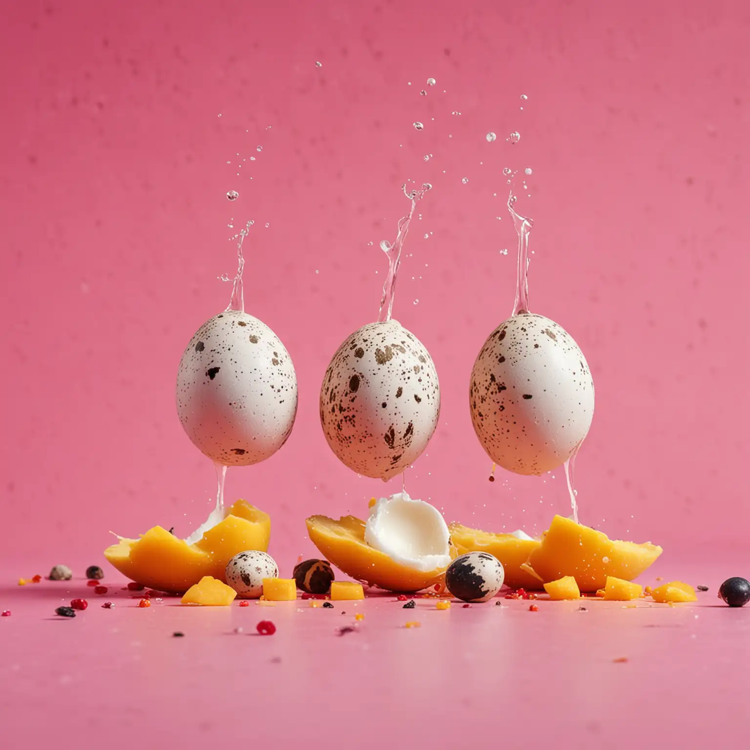 Three-Quail-Eggs-with-Mango-Coconut-and-Berries-on-Bright-Pink-Background