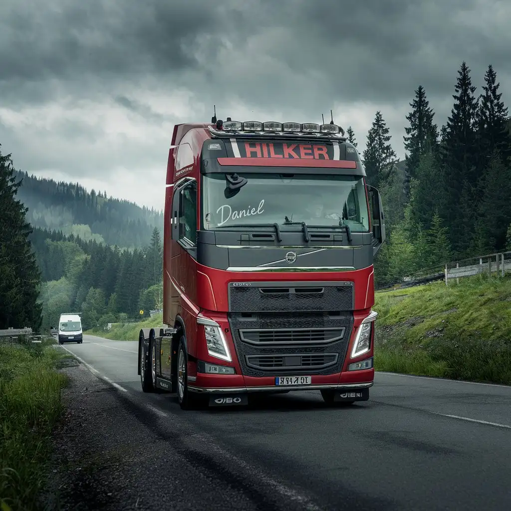 Action-Comic-of-a-Red-Volvo-Truck-with-Daniel-and-HILKER-Branding