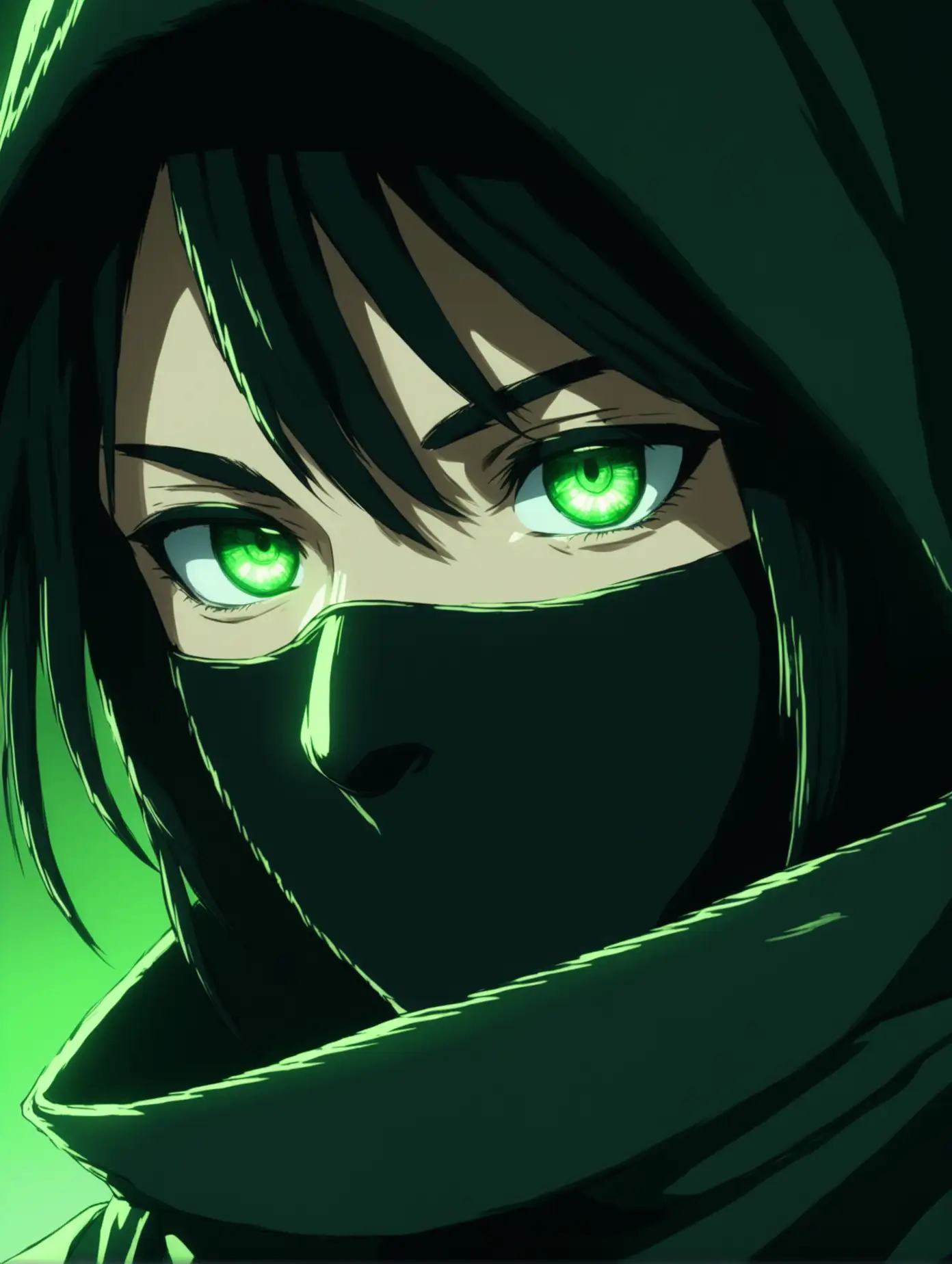 Closeup-of-a-Ninja-with-Green-Eyes-and-Black-Hair-in-a-Green-Ambient-Light