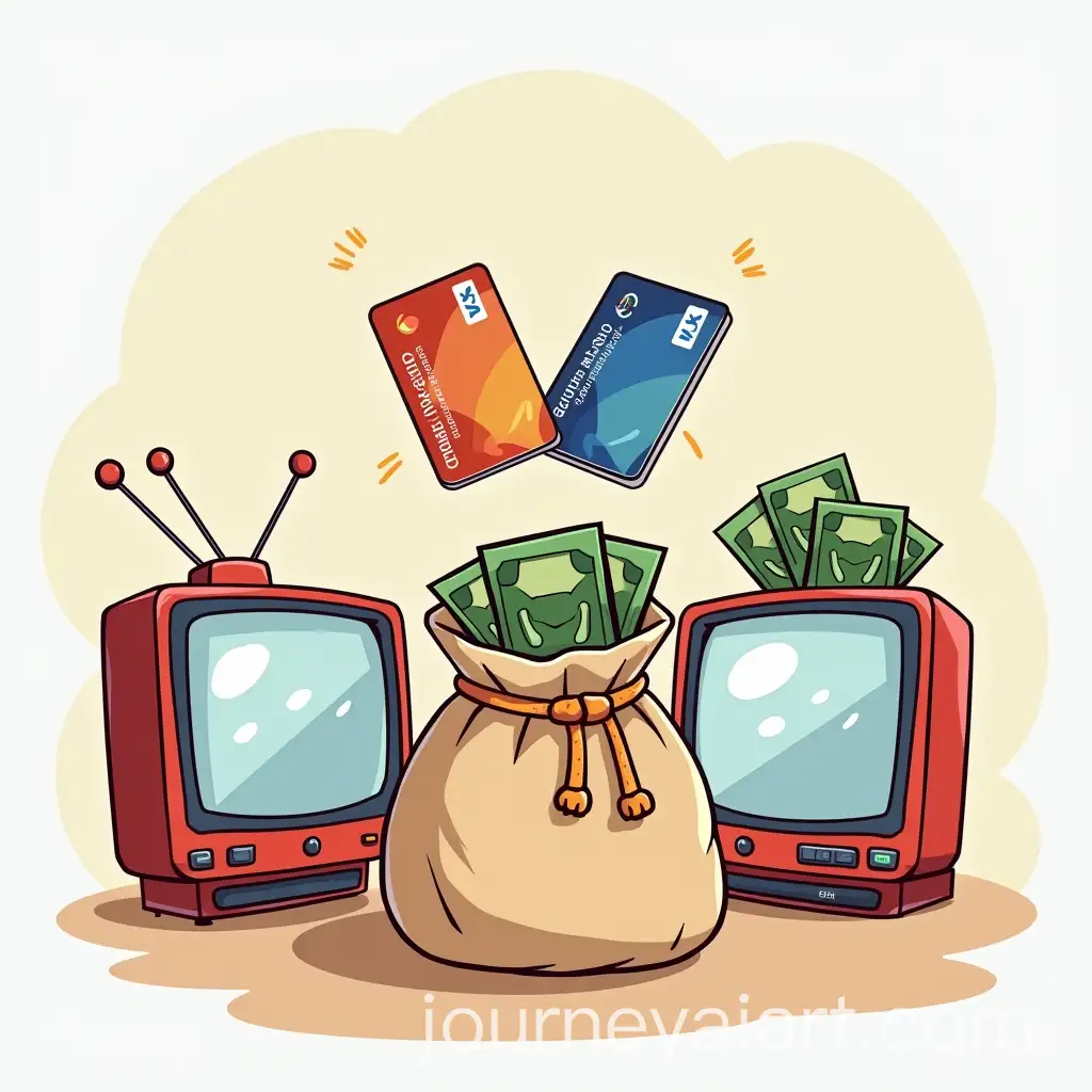 Cartoon-Visa-Cards-in-Money-Bags-with-TV-Screens-Displaying-Payment-and-Shopping-Themes