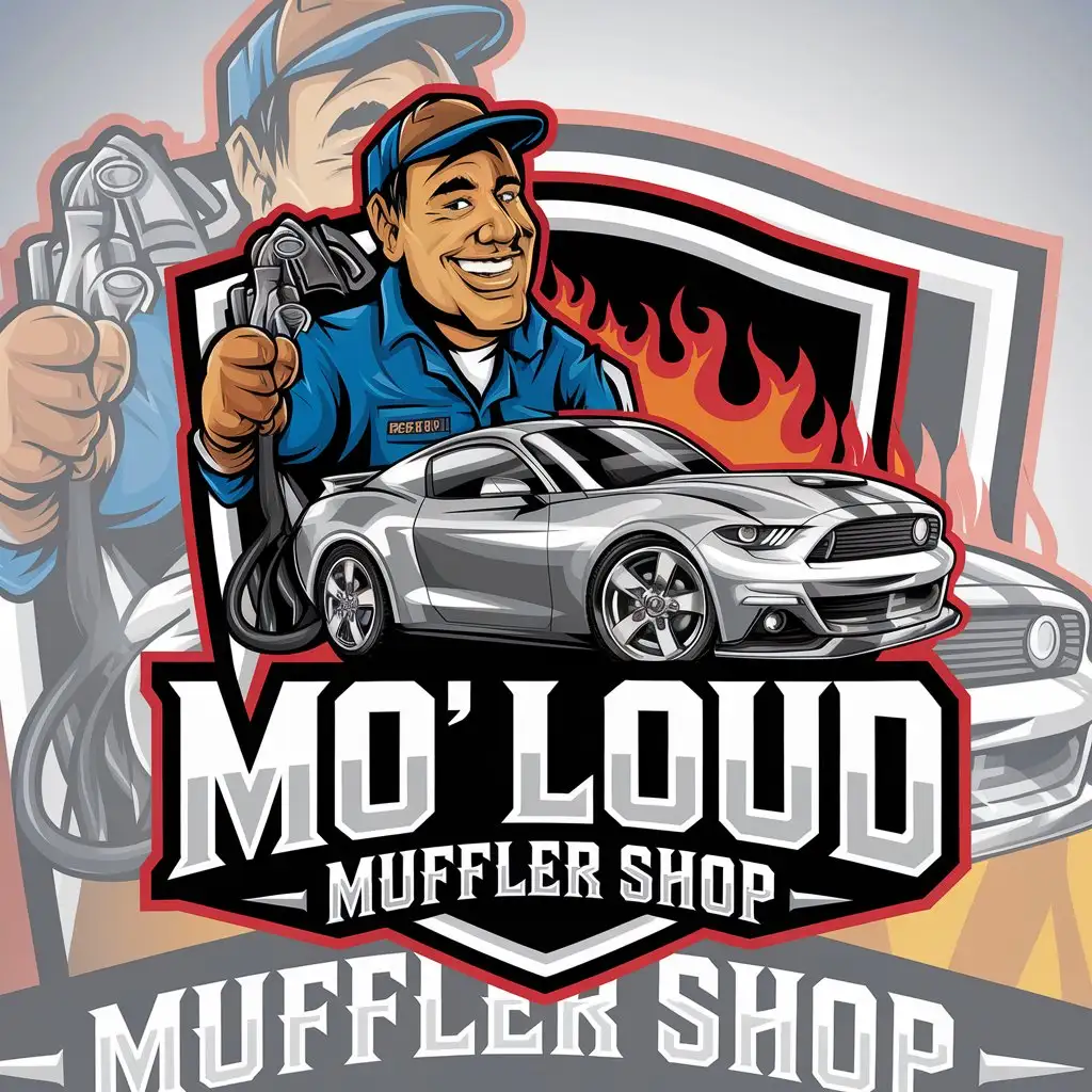 LOGO Design for Mo Loud Muffler Shop Vector Logo with Happy Mechanic Sports Car and Flames Theme