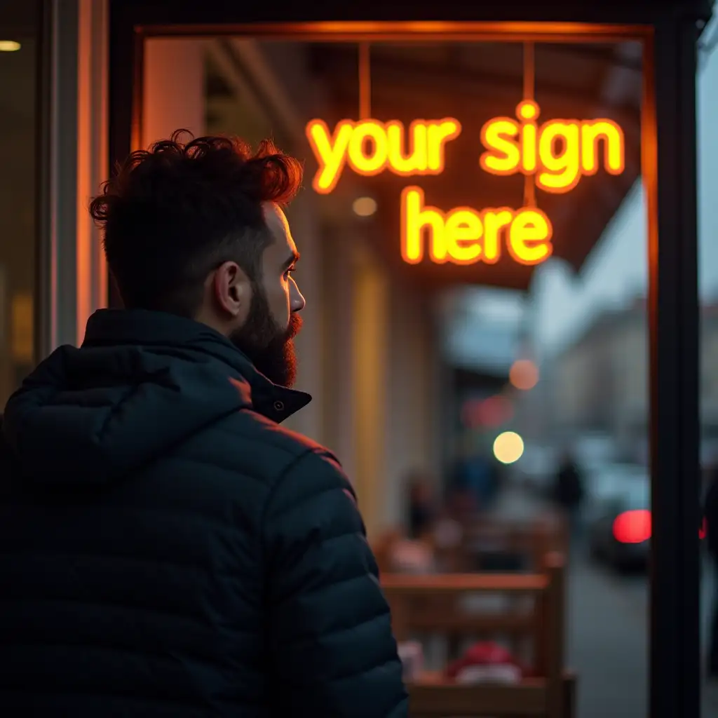 A male entrepreneur looks at his store with a luminous volumetric sign 'your sign here'