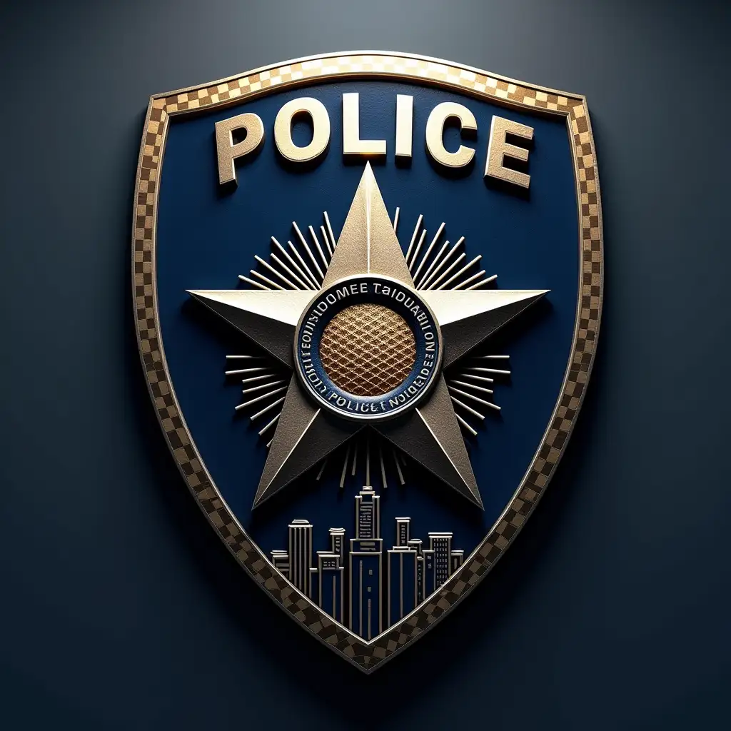 Design a professional police department logo (no text, weapons, animals, or magnifying glasses) using a classic shield shape with 3D depth, engraved metallic textures, and traditional motifs. Central Symbol: 8 little circular five-pointed star with a sunburst pattern radiating from its center (symbolizing vigilance). Inside the star: A micro-engraved grid texture (hinting at investigation) and vertical stripes (order/structure). Surrounding Details: A checkered border (nod to police 'Sillitoe tartan' tradition) wrapping the shield’s edge. A simplified city skyline at the shield’s base, rendered in sharp geometric shapes, with one building featuring faint horizontal (subtle mystery element). Color Palette: Navy blue, polished silver, and gunmetal gray with gold accents on the star’s edges. Include: Realistic metallic gradients (mirror-finish shine), Deeply engraved lines for tactile depth, Dramatic chiaroscuro lighting (sharp shadows/highlights) to mimic a physical badge. Keep it authoritative and indistinguishable from a real police emblem—only the grid texture. color theme: dark blue and black.