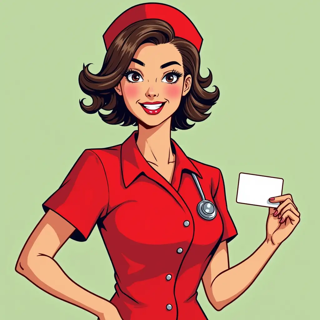 nurse in a red shirt in pop art style stands with a card