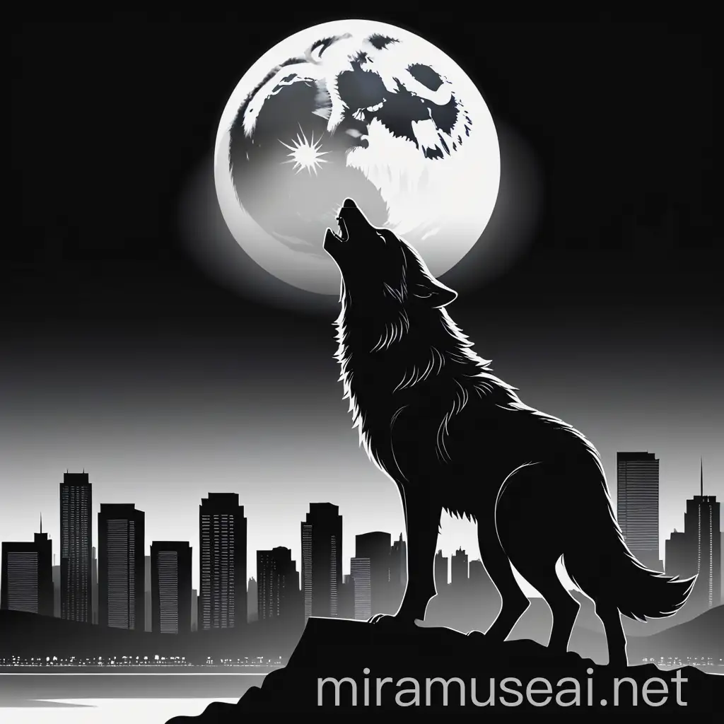 Silhouette of Wolf Howling at Moon Over Cityscape