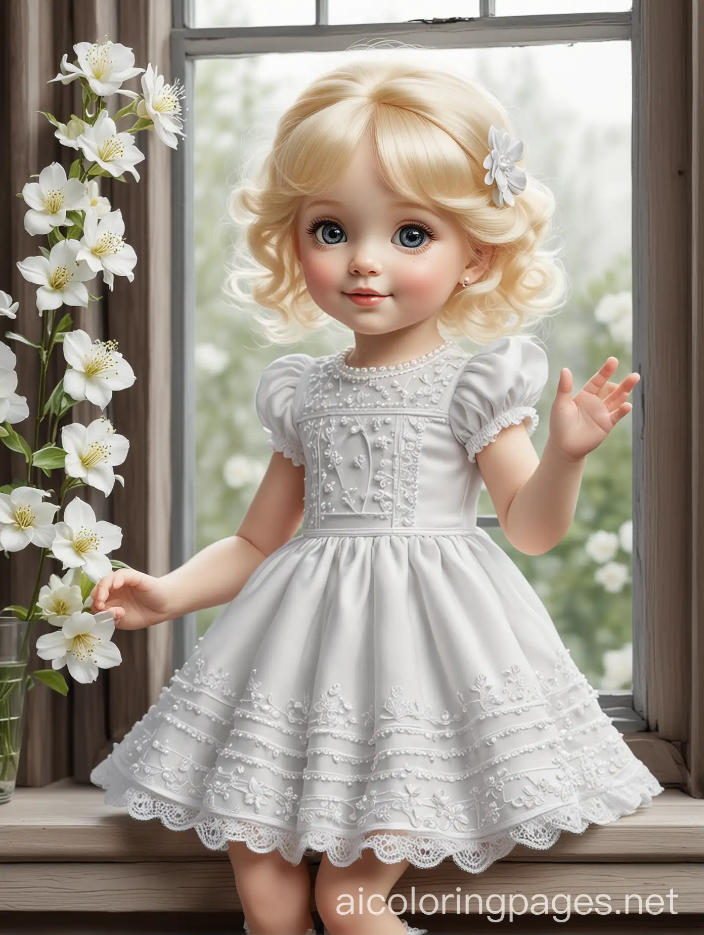 Mischievous-Doll-with-Five-Fingers-Looking-Out-Window-with-White-Pearl-Flowers