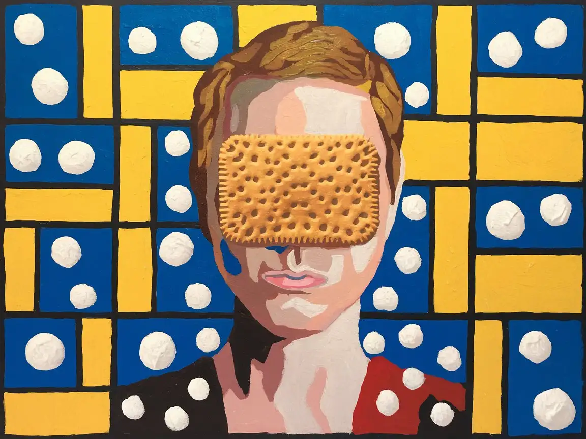 make an oil painting, based on artists like pit mondrian and kusama, depict a person with a pancake on face