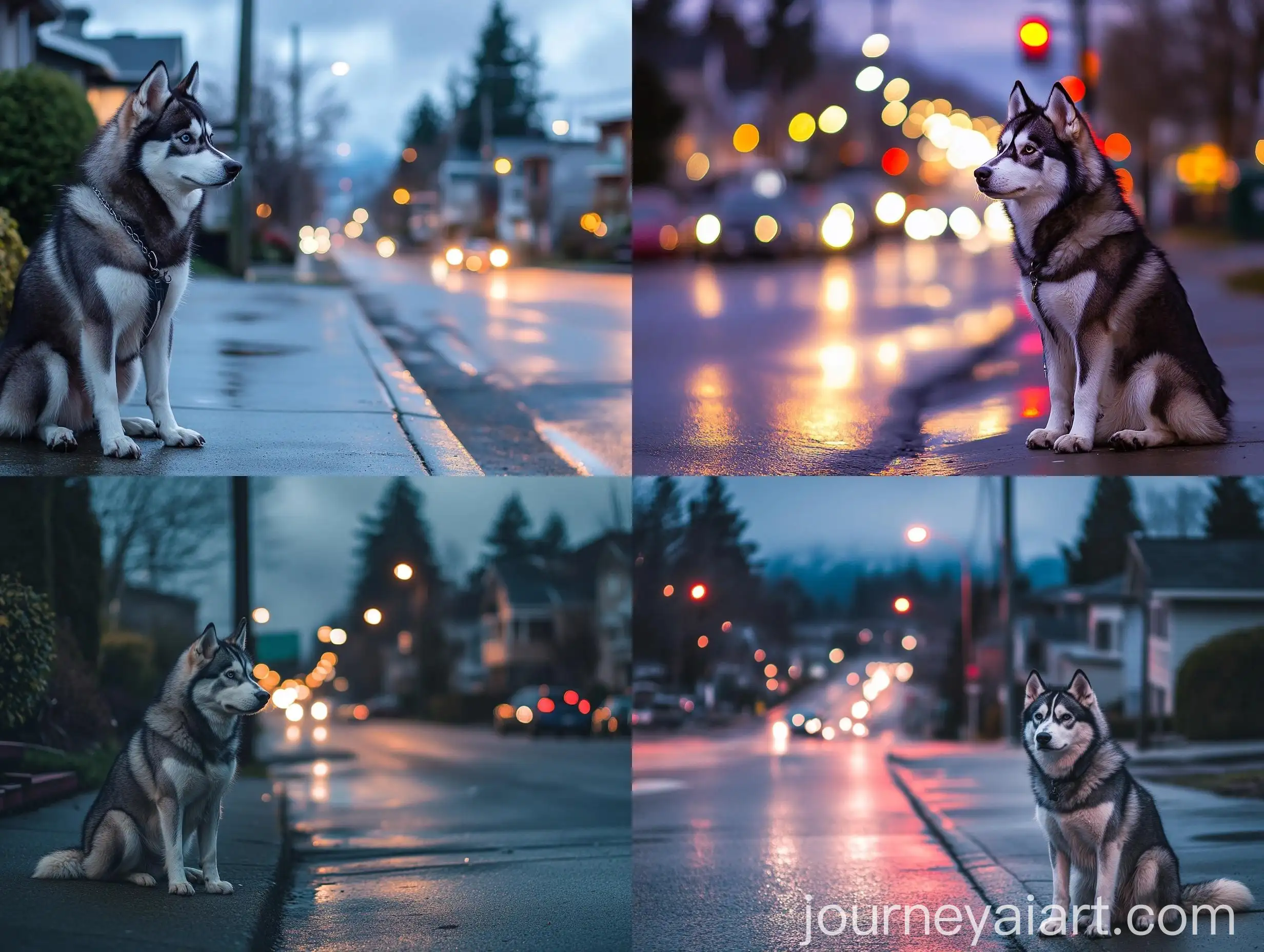 Husky-Sitting-on-Vancouver-Street-with-Blurred-Background