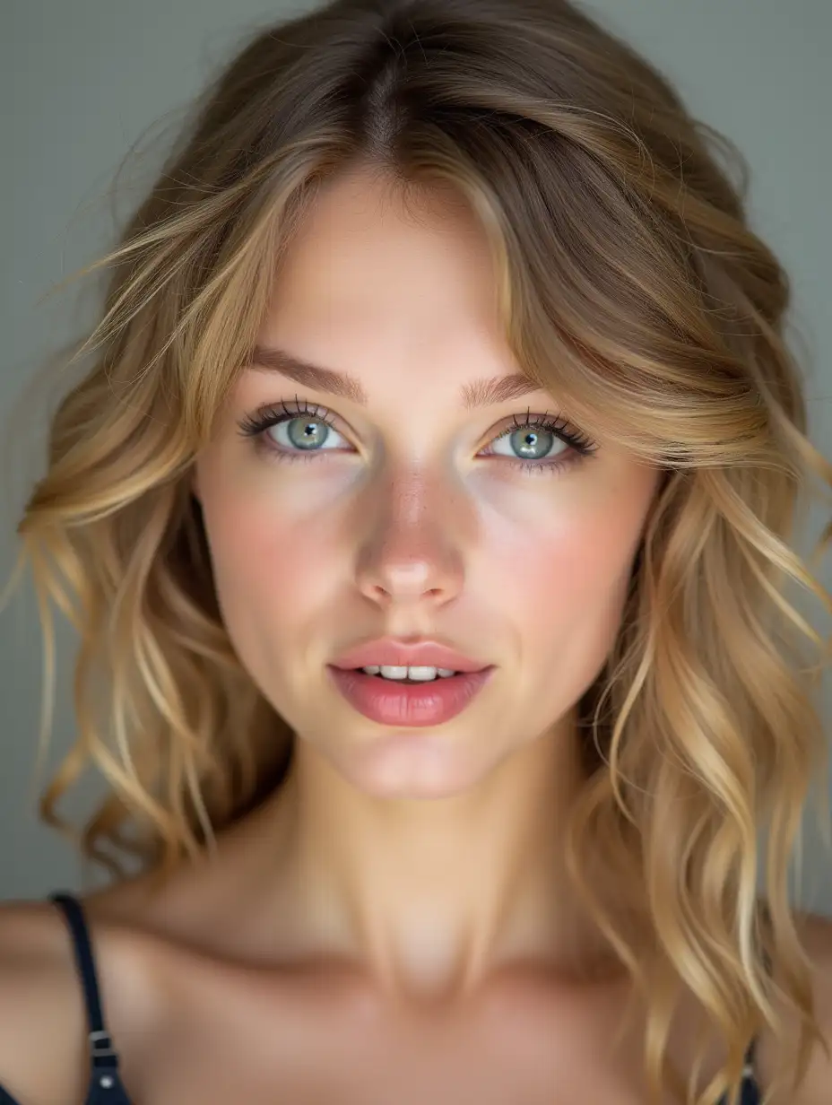 fullface photo of 20 yo beautiful blond girl, Taylor Swift, curly hair sweeped behind ears, closed big mouth, plump lips, rectangular face shape, open forehead and temples, looking at viewer, realistic, high quality, uniform lighting