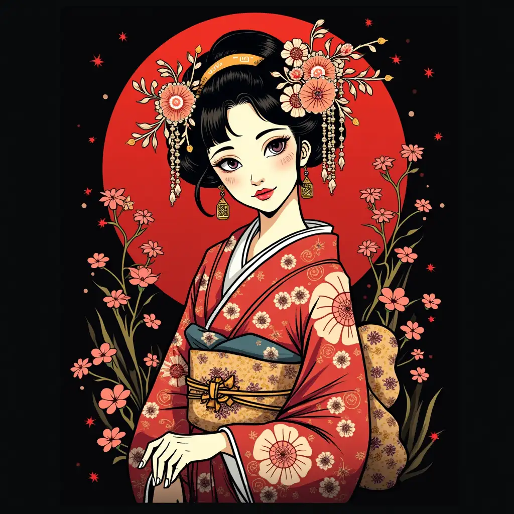 Detailed-Japanese-Kimono-and-Flower-Concept-Art-for-TShirt-Design