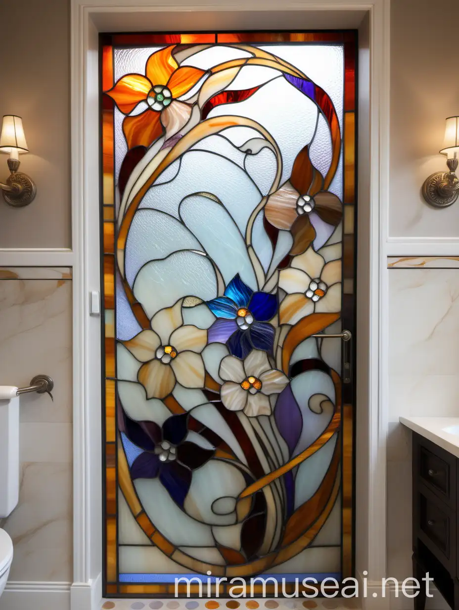 Colorful Stained Glass Bathroom Door with Abstract Floral Design