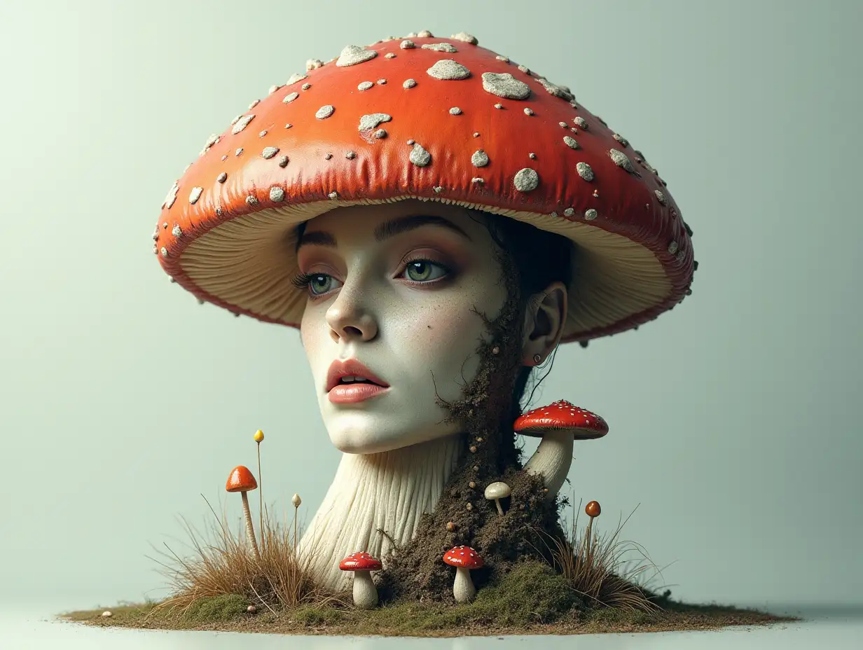 Face transformed into a building on a mushroom