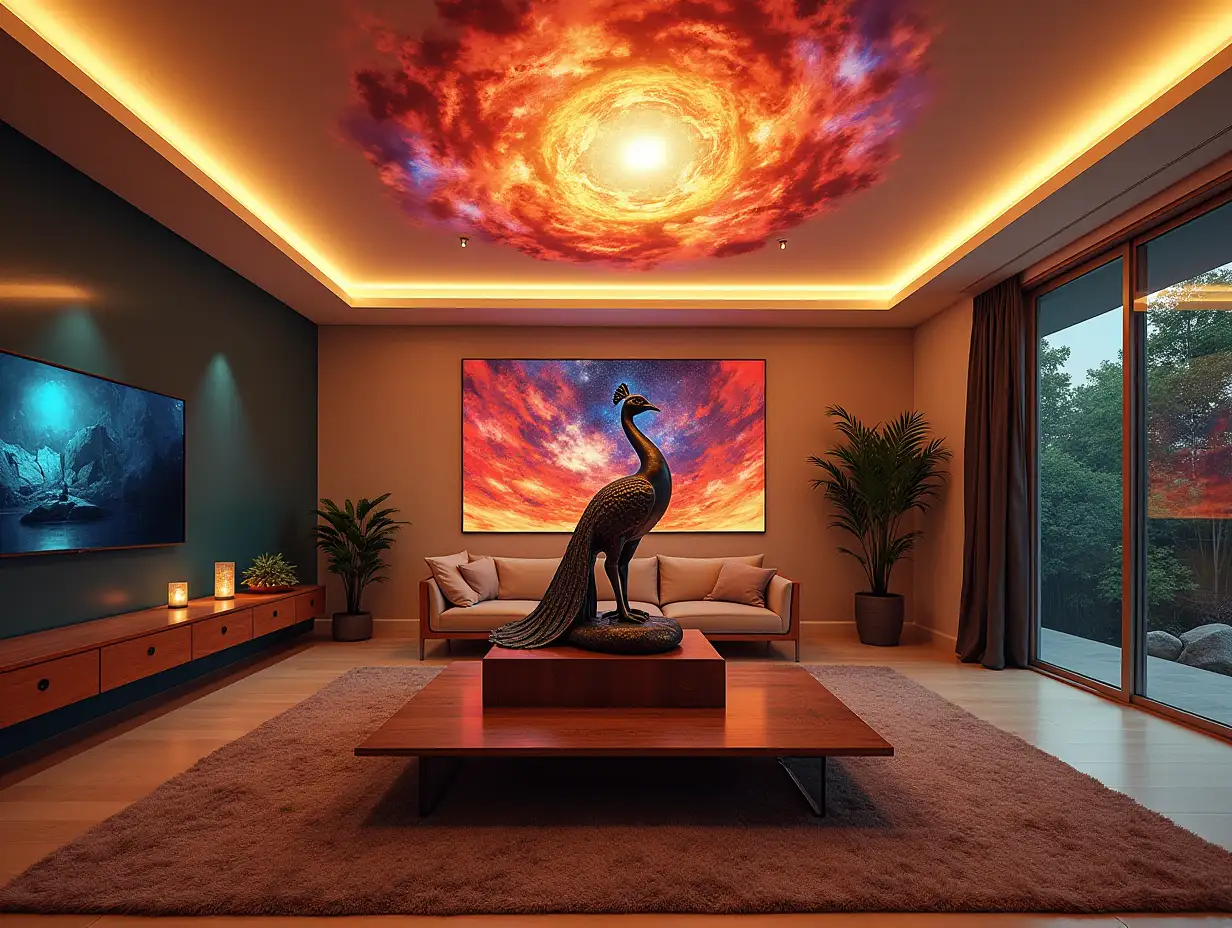 Large modern living room colorful statue of a metal peacock on a box, Illuminated ceiling with illuminated Attack on Titan image on the wall Zen garden with carefully tended rocks, meditative 180 degree shots 8K resolution Vibrant