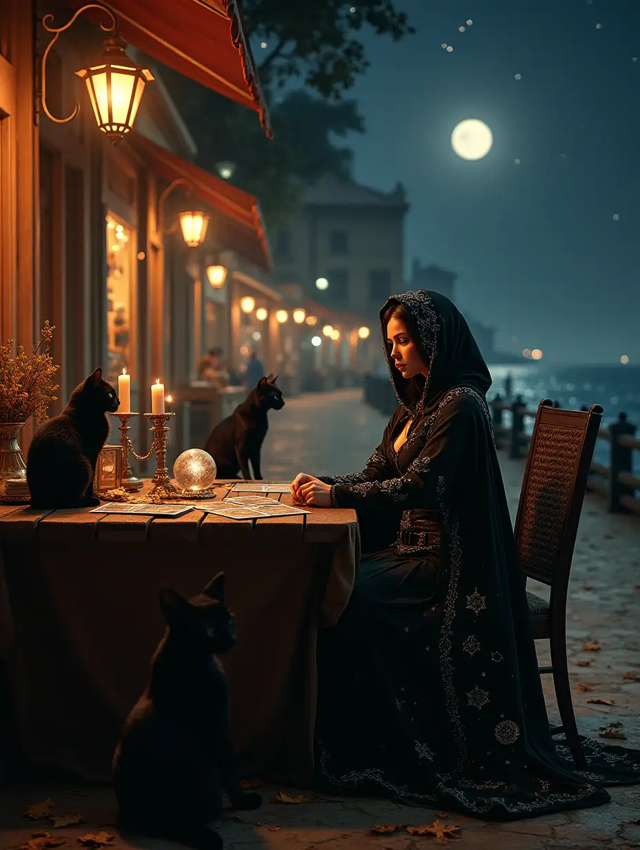 Mystical-Italian-Port-Promenade-with-Cartomante-and-Cats-Under-a-Full-Moon