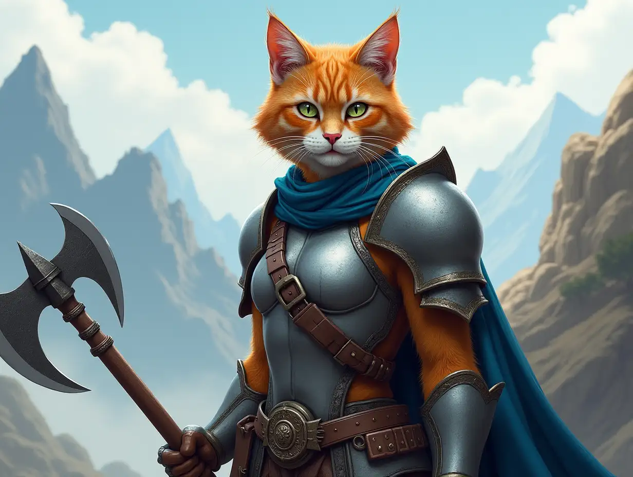 An attractive anthropomorphic female cat, dressed in fantasy armor and holding a battle axe, in front of a mountain landscape.