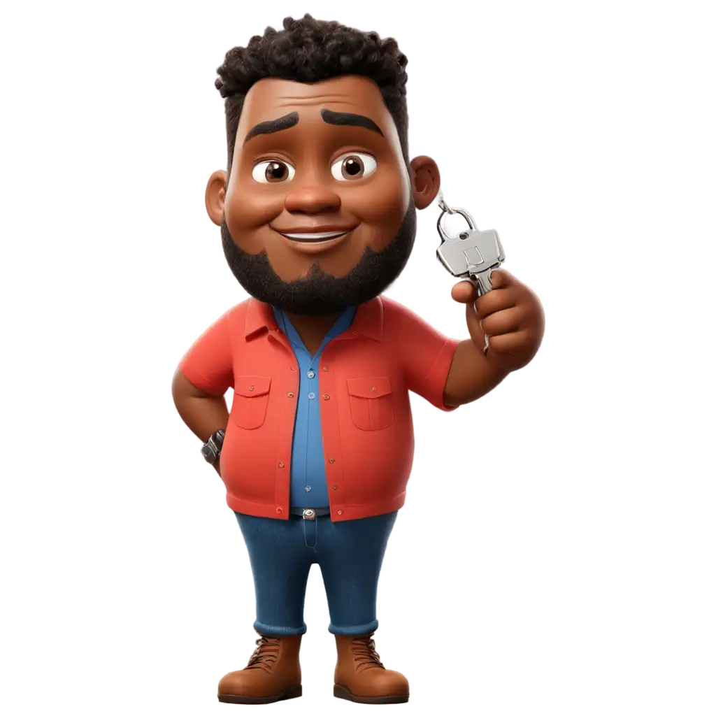 a really fat and small man, black skin, short brown beard and short hair, red shirt, blue jeans, brown boots holding a key car with his hands in cartoon style