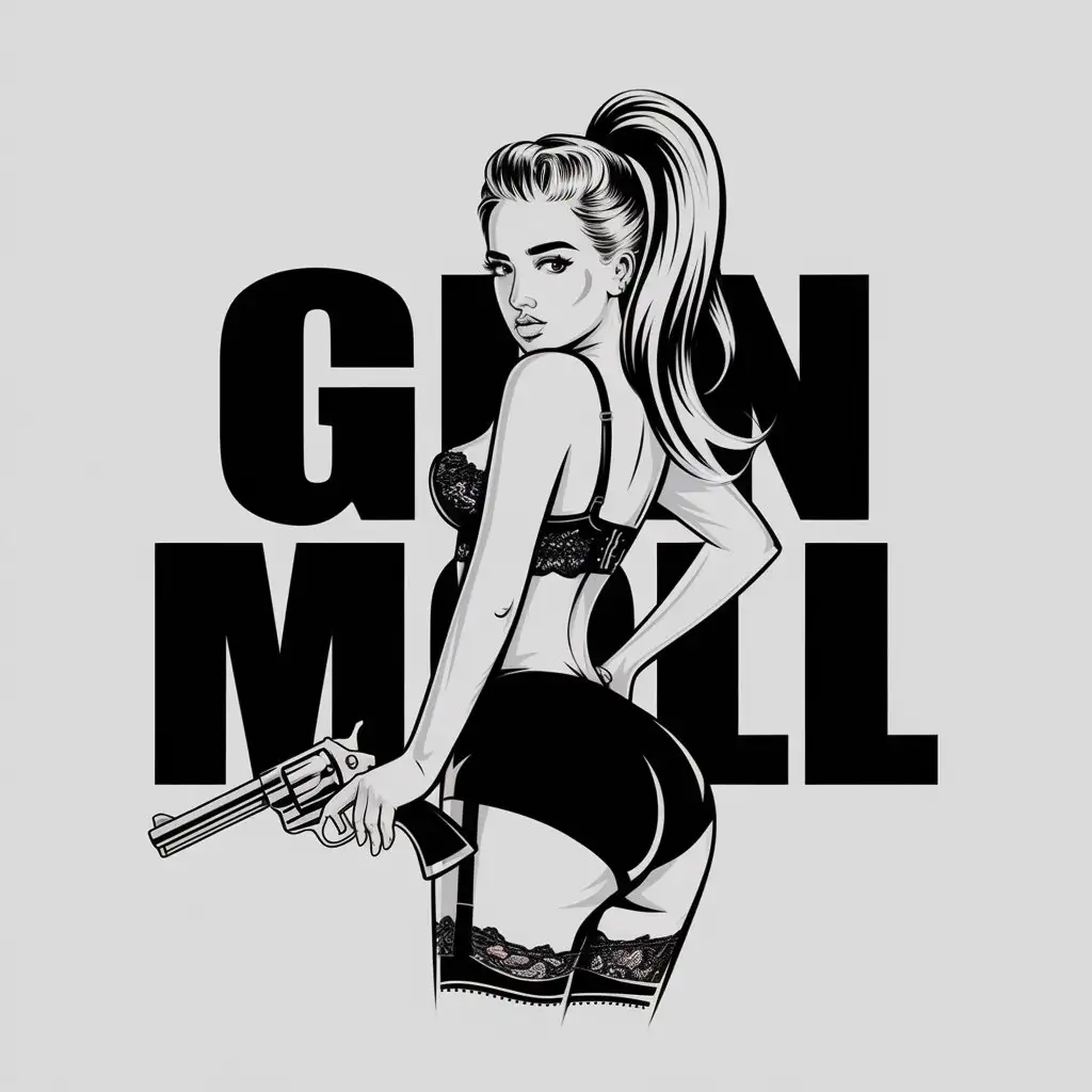 a vector logo design,with the text "Gun moll", main symbol:symbol:Beautiful young slim tattooed girl Instagram model Joanne Kisses type, ponytail long blonde hair stands in a black lace big bust very large bra and High Waisted Yoga Shorts, sexy stockings, pump nice butt, with a classic big peacemaker revolver in her hand,Moderate,clear background