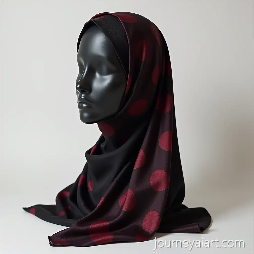 Black-Silk-Headscarf-with-Burgundy-Polka-Dots-on-Mannequin-in-Minimalist-Studio