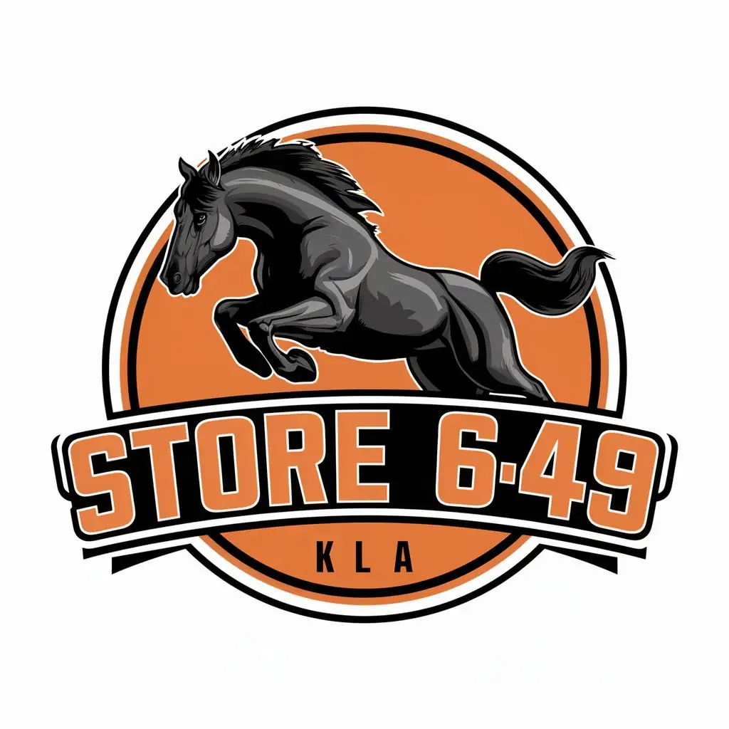 a vector logo design,with the text "STORE 649 KLA", main symbol:black stallion, (((Cleavleand Browns football team colors))), Black Stallion leaping at viewers, ultra detailed, ultra realistic.,complex,be used in Truck stop industry,clear background