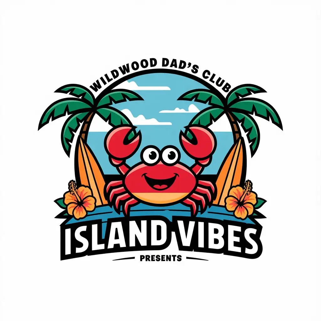 LOGO Design for Wildwood Dads Club Red Crab Palm Trees Hawaiian Surfboard Hibiscus Theme