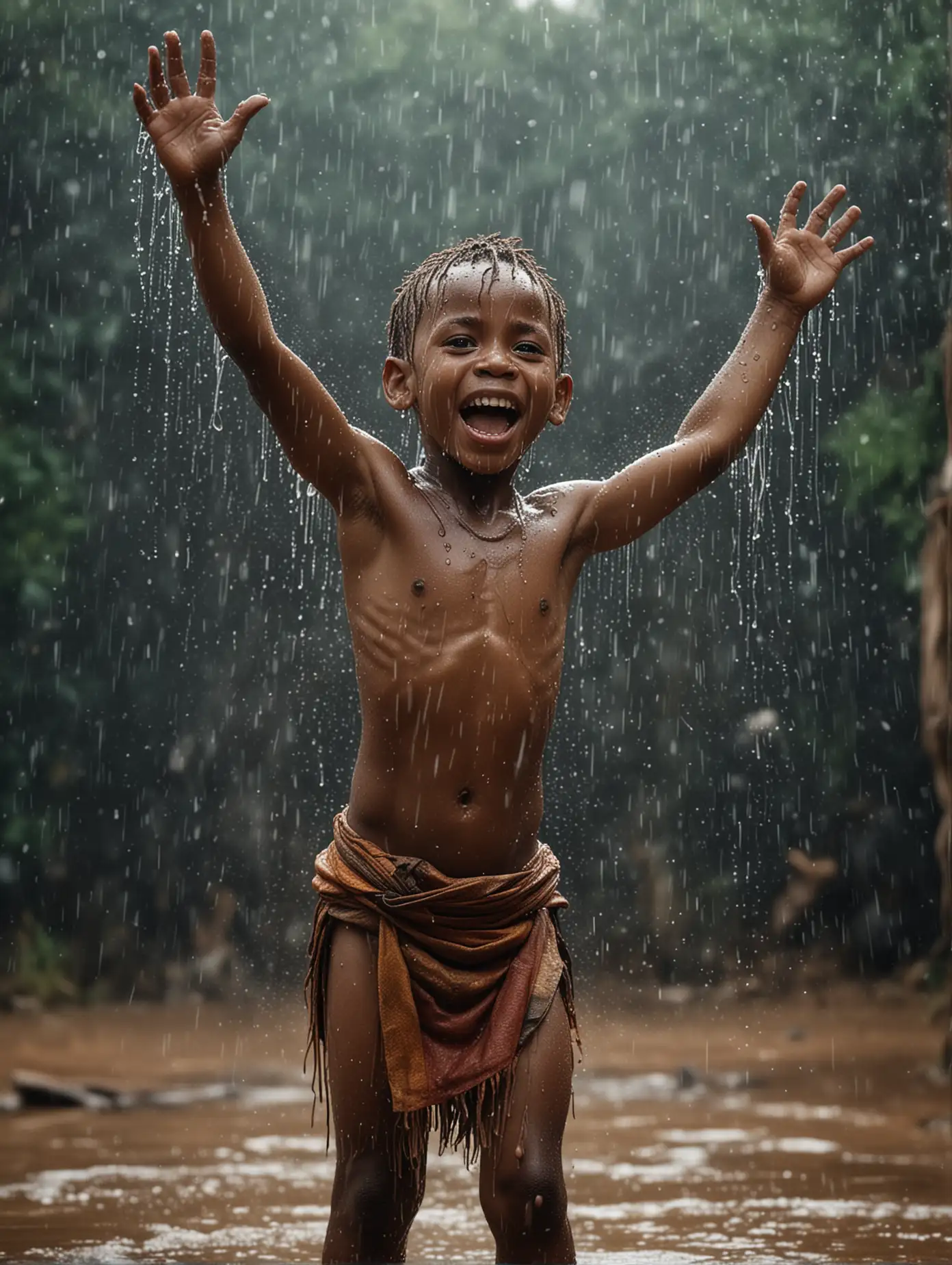 Africa. savannah. african little tribal boy in loincloth raised his hands up and rejoices in the rain. many splashes of water dynamic pose, taken using a Canon EOS R camera with a 50mm f/ 1. 8 lens, f/ 2. 2 aperture, shutter speed 1/ 200s, ISO 100 and natural light, Full Body, Hyper Realistic Photography, Cinematic, Cinema, Hyperdetail, Ultrahd, Colour Correction, ultrahd, hdr, color grading, 8k