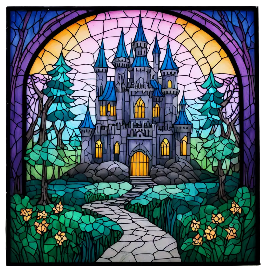 Enchanted-Castle-Stained-Glass-PNG-Image-Mystical-Forests-Floating-Lanterns