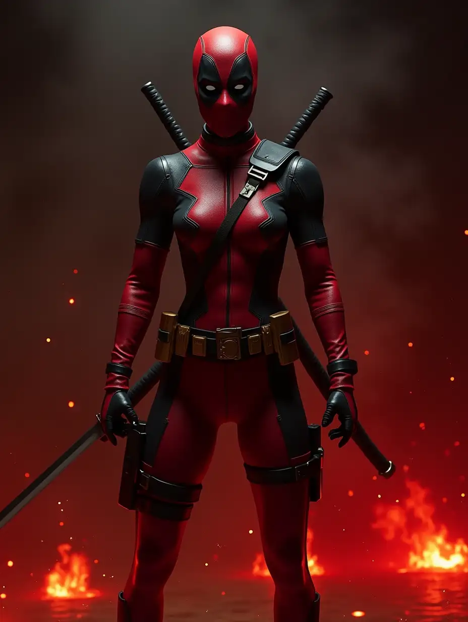 A female superhero resembling Deadpool, standing in a powerful stance with her katanas crossed behind her back. The scene is dominated by dark tones with fiery red lighting highlighting her form. Embers and sparks float around her, and the intense glow creates sharp shadows on her suit, cinematic style, high contrast, deep shadows, vibrant colors, realistic textures, hd quality, natural look