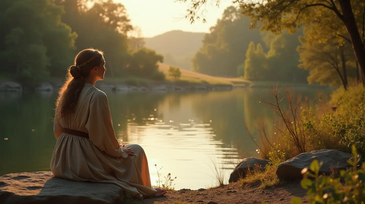 Woman Contemplating by a Serene Lake in Biblical Nature Scene