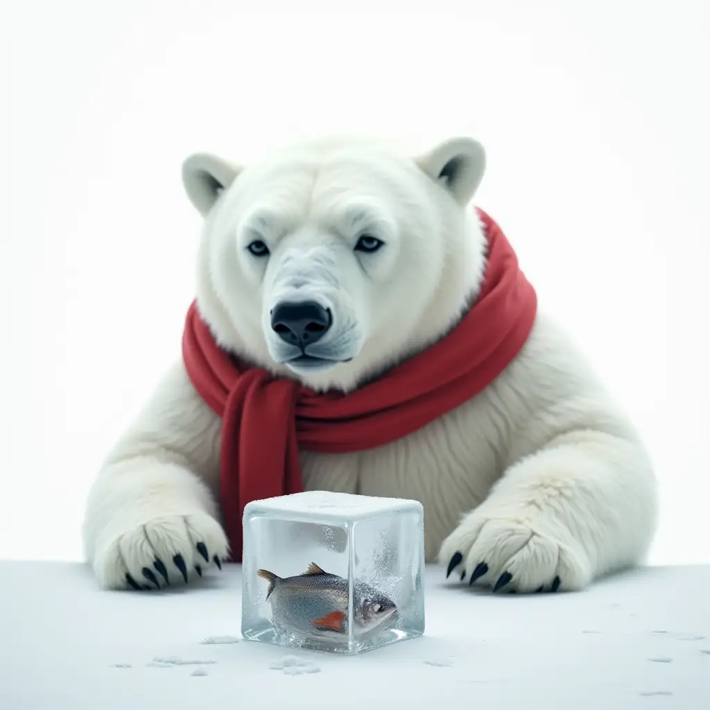 A photograph of a huge polar bear with snow-white fur sitting at a table. The bear is wearing a bright red scarf. The bear is crying. On the table in front of the bear is a huge transparent ice cube with frozen fish. The bear is propping up his head with one paw and looking sadly at the table. The polar bear has a very sad expression on his face, with envy and boredom in his eyes. The whole scene conveys a wintery, melancholic mood. White background.