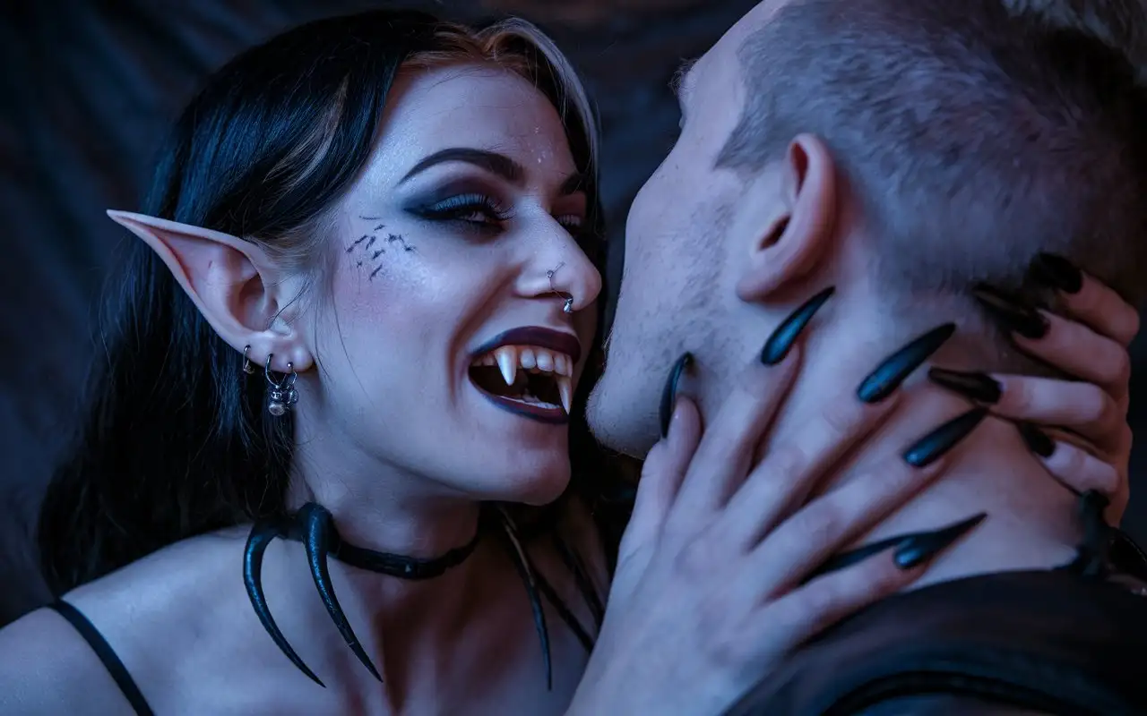 Vampire-Woman-Playfully-Biting-Mans-Neck-in-Dark-Intimate-Setting