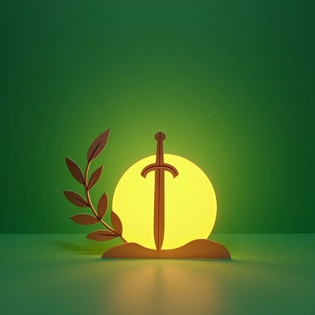 A front view of a simple paper cutout-style illustration of curved olive branch on the left and opposite a curved sword, placed on top of a rising sun disk and brightly lit on their fronts. The scene is minimal with commercial lighting against a solid, deep green colored background