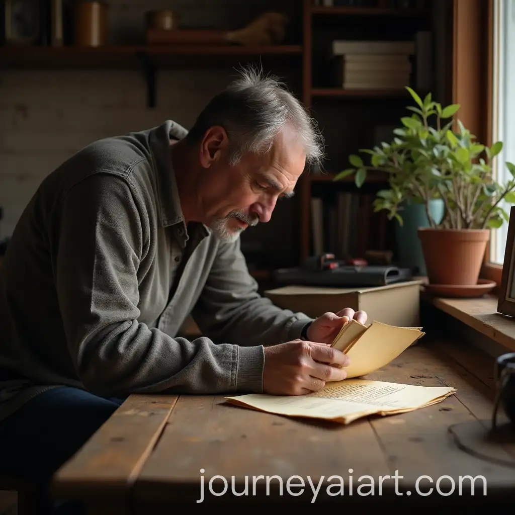 Middleaged-Man-Discovering-Old-Family-Letter-Among-Belongings
