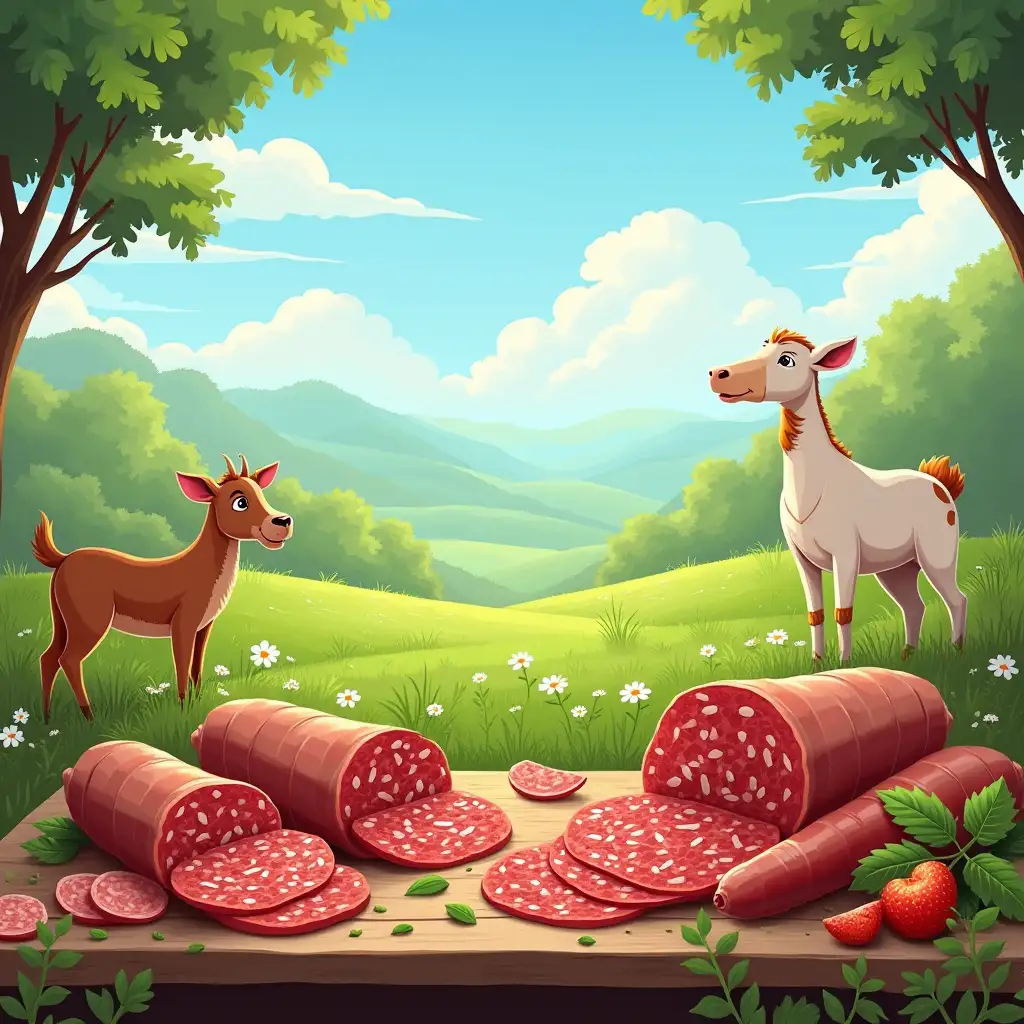 Create an image of a paradisiacal place Where there are animals, a green meadow, a blue sky, and a table full of sausages chorizo, ham, salami
